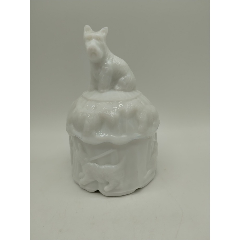 Akro Agate White Slag Scotty Scottie Dog Covered Powder Jar Dresser Dish 1940s